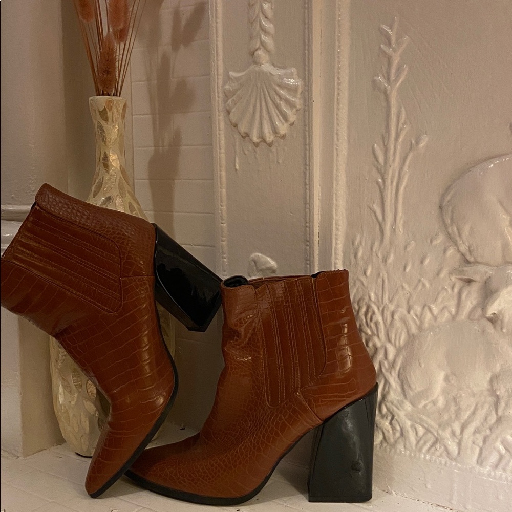 Public Desire Brown Croc-Patterned Heeled Boots